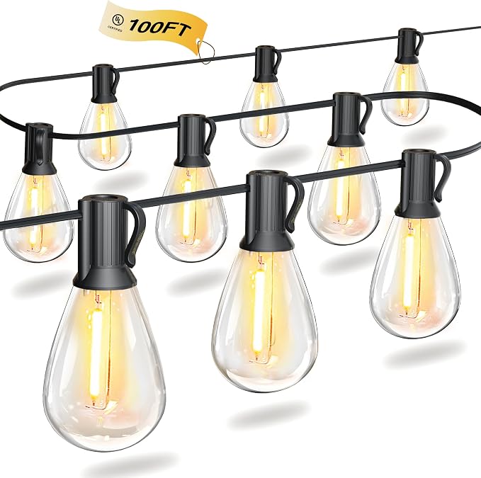 CABOCASA Outdoor String Lights 100FT for Outside Patio Lights with 50+2 Shatterproof S14 LED Dimmable Bulb, Outside Hanging Light Waterproof for Porch Garden Fences Backyard Balcony Pathways 2700K