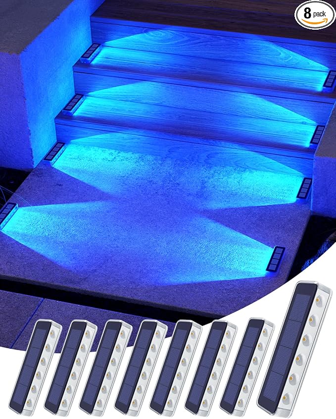 DetarZinLED Blue Solar Lights for Outside,8 Pack Solar Deck Lights Outdoor Waterproof LED,Blue Step Light for Outside,Dock Light Solar Powered Waterproof for Deck,Steps,Dock,Driveway,Stair,Path