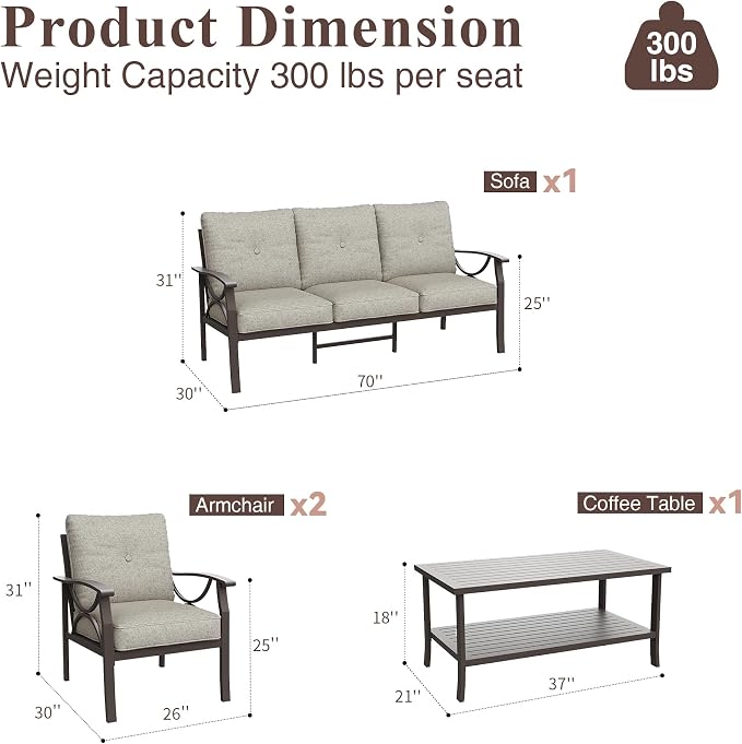 RoyalCraft Outdoor Patio Furniture Set, 4 Piece Patio Conversation Set with Coffee Table, Metal Furniture Set for Porch Backyard Garden, Coffee