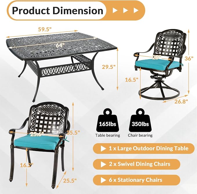 9 Piece Outdoor Patio Dining Set for 8, Cast Aluminium Large Square Dining Table & 2 Swivel Rocker Chairs, 6 Stationary, 8 Cushions, Umbrella Hole, Patio Furniture Set for Garden, Ocean Blue