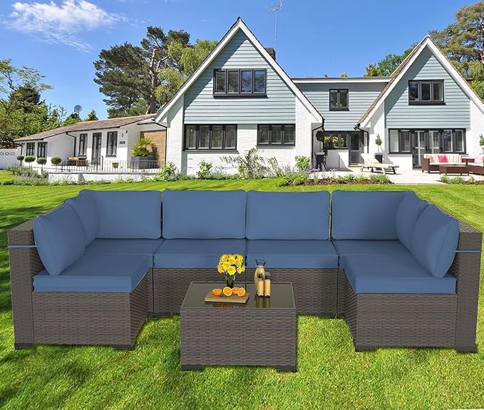ALAULM 7 Pieces Patio Furniture Set Wicker Patio Conversation Set, Outdoor Sectional Furniture w/Coffee Table & Washable Seat Cushions-Dark Blue