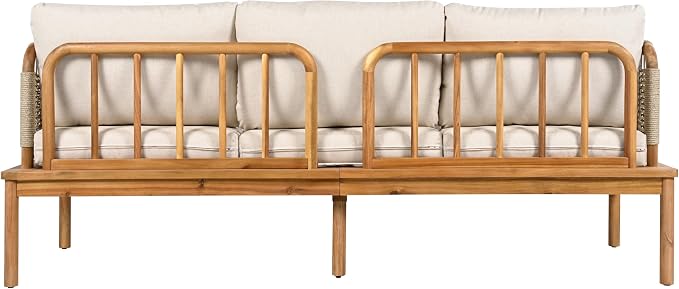 Virubi 4-Piece Acacia Wood and Rope Patio Sofa Set, Water-Repellent Cushions, Wide Deep Seats with 3-Seater, Club Chair, Ottoman & Table, Outdoor Conversation Set for Patio Garden