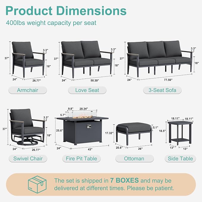 Aluminum Outdoor Patio Furniture Set with Swivel Rocking Chairs 11-Seat, Patio Sectional Sofa with Ottomans Patio Conversation Set with 55,000 BTU Fire Pit Table & High Backrest, Dark Grey