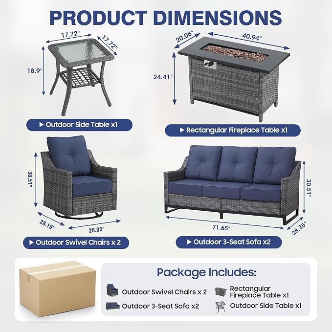6 Piece Patio Furniture Set with Fire Pit,360°Swivel Patio Chairs Set of 2, Outdoor 2 Sofas,Side Table,Cozy 60,000 BTU Rectangle Fire Pit Table, Wicker Patio Sets with 6 Inch Thick Cushions