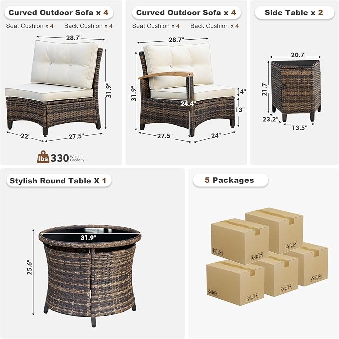 MEISSALIVVE 11 Piece Outdoor Patio Furniture Set, Half-Moon Curved Sectional Set with Wood Armrests, Patio Conversation Set for Porch,Deck,Balcony (Beige)