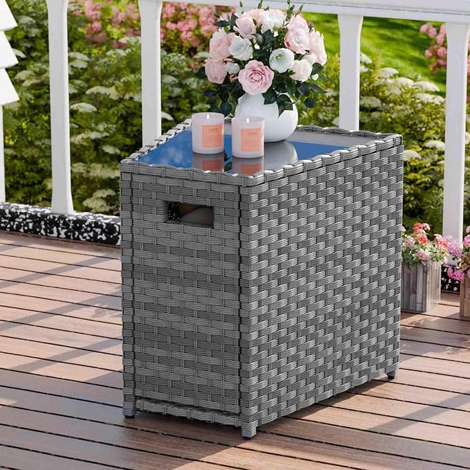 K Knowbody Glass Top Wicker Patio Side Table, Trapezoid PE Rattan End Table with Storage Outdoor Patio Furniture Table 20 inches high x 20 inches Wide 12 inches deep
