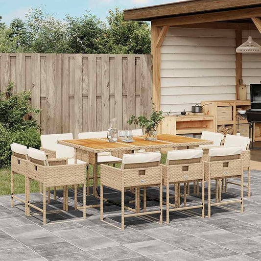 11 Piece Outdoor Dining Set with Cushions Beige Poly Rattan Patio Furniture for Backyard Deck Garden Seats 10 Persons Space Saving Folding Chairs Acacia Wood Table
