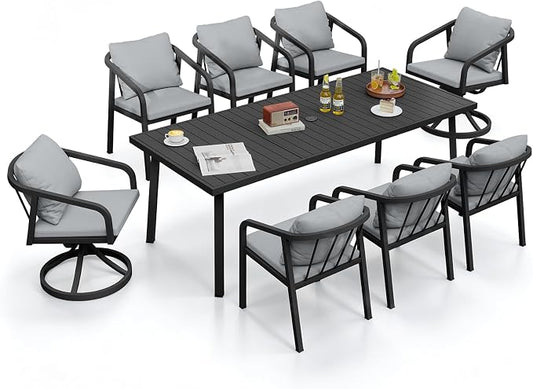9-Piece Outdoor Dining Set for 8, Never-Rust Aluminum Patio Dining Set with 2 Swivel Chairs, Outdoor Table and Chairs with Removable Cushions, Patio Furniture Set for Deck, Garden, Lawn, Black