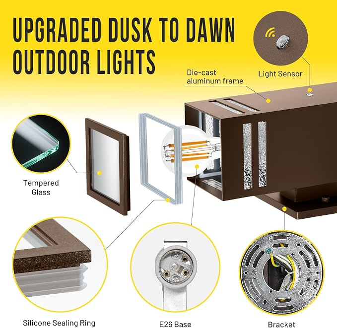 Bronze Dusk to Dawn Outdoor Lights, Exterior Lighting Fixtures | Modern 2 Pack Up Down Lights Outdoo,Wall Light Wtih LED Bulbs, IP65 Waterproof Outside Lights for House for Porch, Garage
