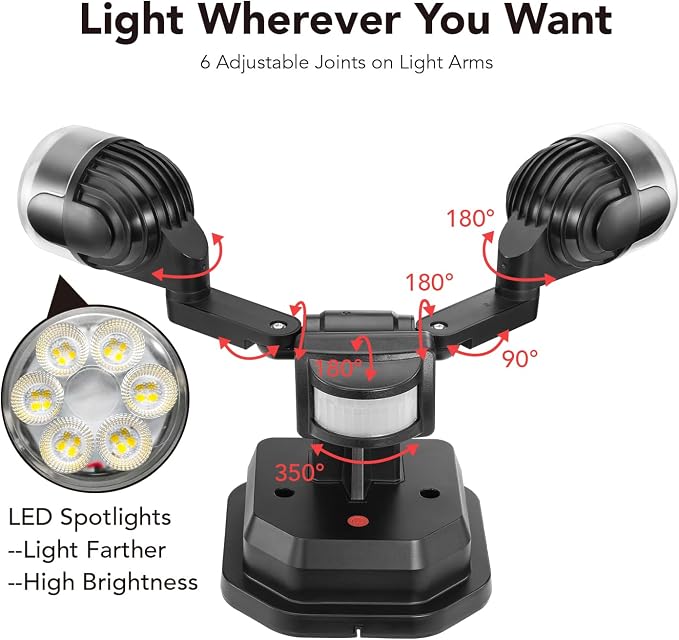 OREiN Motion Sensor Outdoor Security Lights, Dual-Head Adjustable LED Flood Lights, 3 Modes (Motion/Manual/Dusk to Dawn), 150W Equivalent, 5000K, IP65 Waterproof, Hardwired, Black (2 Pack)
