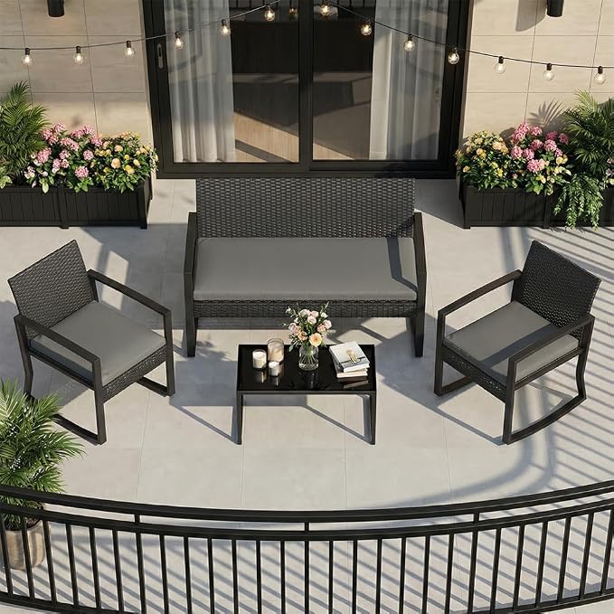 IDEALHOUSE Outside Patio Furniture Set, 4 Piece Outdoor Wicker Rocking Chair Conversation Set with Glass Coffee Table, PE Rattan Patio Furniture for Backyard, Porch, Patio, Poolside