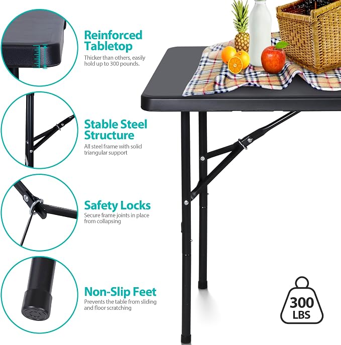 JupiterForce 4ft Folding Table, Indoor Outdoor Portable Plastic Picnic Table, Heavy Duty Rectangular Party Camping Dining Table with Carrying Handle, Black