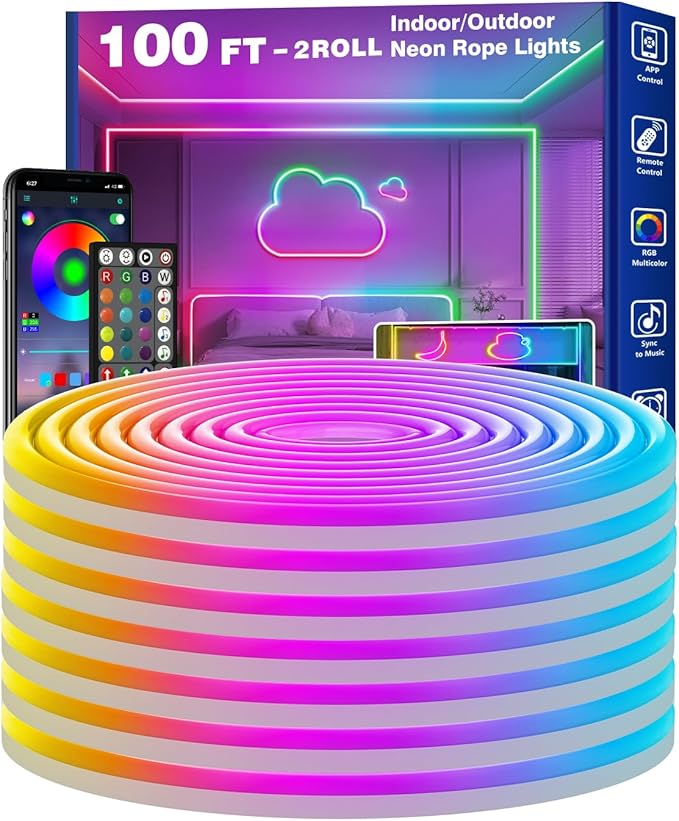 RCUICA 100FT LED Neon Rope Lights Waterproof with Smart App Control Remote,DIY Scene Modes,Music Sync hronization,Eaves Lights for Garden Decor,Deck,Christmas