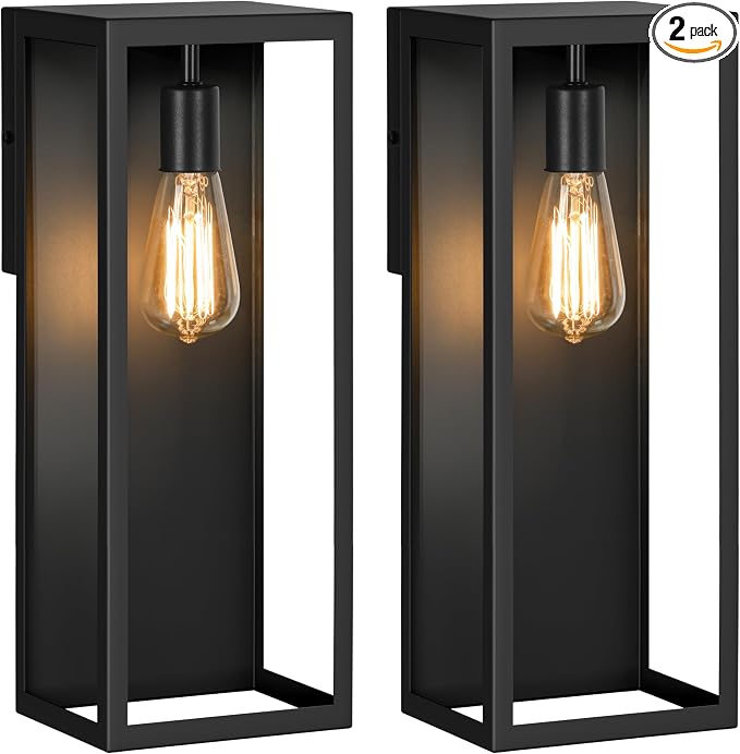 VerRon 16” Exterior Waterproof Outdoor Lights with Glass Shades, 2-Pack | Black Porch Lights Wall Mounted, Anti-Rust E26 Modern Outdoor Wall Lanterns for Patio Garage Entryway Front Door