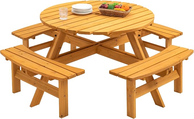 8 Person Outdoor Picnic Table with Wooden Bench, Round Picnic Table Dining Table w/ 4 Built-in Benches ,Umbrella Hole, Outside Table and Bench Set for Garden, Backyard, Porch, Patio, 2220lb Capacity