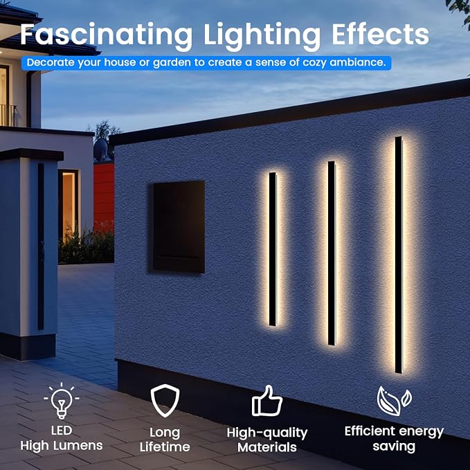 Modern Outdoor Wall Lights - 2pack 70.8inch Black Exterior Light Fixtures Wall, Porch Lights Outdoor Wall Sconce, Patio Long Strip Wall Light Fixtur Outside for Garage, House