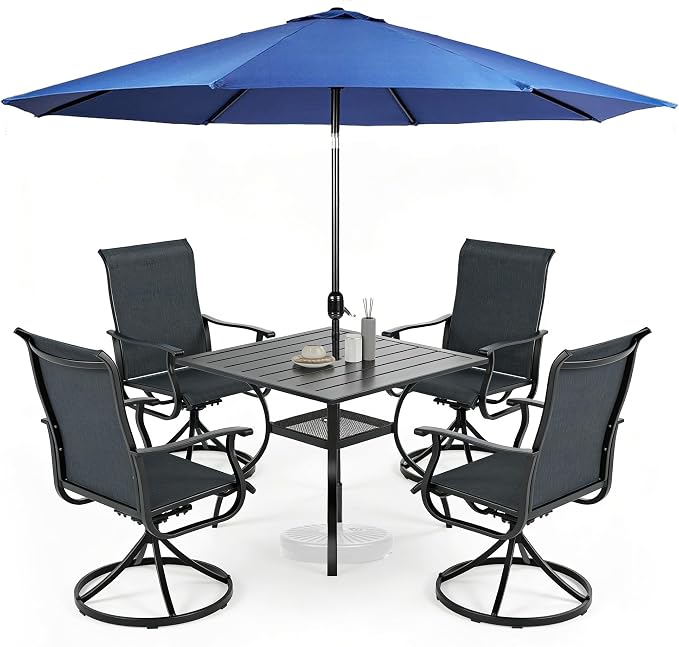 SUNCROWN 6-Piece Outdoor Dining Set, All Weather Patio Furniture Sets with 4 Black Swivel Textilene Mesh Chairs & Square Metal Table & 1 Dark Blue 9Ft Umbrella for Deck Garden Backyard Poolside