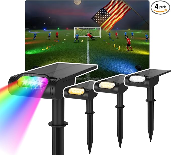 RGB Christmas Solar Spot Lights Outdoor, 12 RGB Color Modes Landscape Light Waterproof IP67 with Remote Control, 2-in-1 Color Changing RGB/Cool/Warm White for Yard Garden Christmas 4 Pack