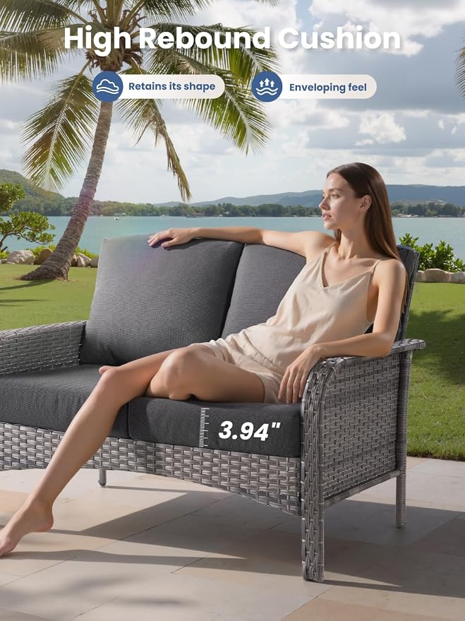 2-Piece Outdoor Patio Furniture Set with Coffee Table, Outdoor Conversation Wicker Sofa with Thickened Cushions, Rattan Couch for Deck Yard Poolside, Black