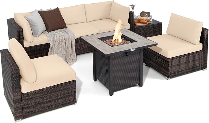Tangkula 7 Piece Patio Furniture Set with Fire Pit Table, Patiojoy Outdoor PE Wicker Conversation Sectional Sofa Set with 30 Inches 50,000 BTU Propane Fire Pit Table, Waterproof PVC Cover (Brown)