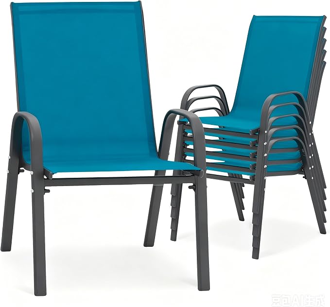 24.4" Wide Outdoor Stackable Chairs Set of 6, Stacking Patio Chairs with Textilene Fabric, Outside Furniture for Garden Backyard Balconie Poolside Deck, Blue