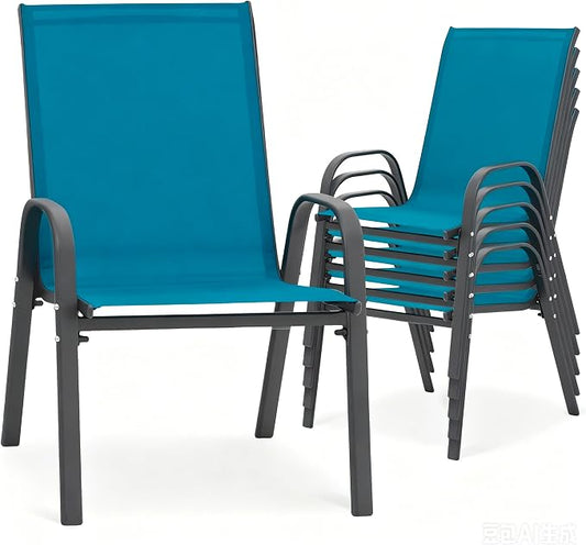 24.4" Wide Outdoor Stackable Chairs Set of 6, Stacking Patio Chairs with Textilene Fabric, Outside Furniture for Garden Backyard Balconie Poolside Deck, Blue