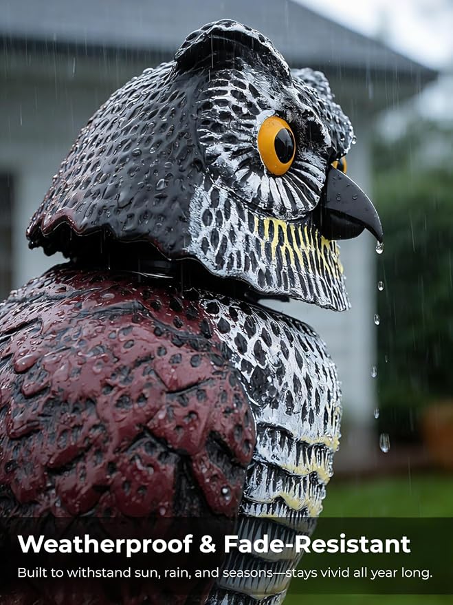 Garden Fake Owl Sculpture with 360° Rotating Head, Waterproof Garden Owl | Realistic Large Outdoor Owl Statue for Yard Patio Balcony Roof Barn Driveway Garden Pool