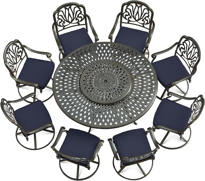 VIVIJASON 9-Piece Patio Dining Set, Rust-Free Cast Aluminum Outdoor Conversation Set, Includes 8 Swivel Dining Chairs & 61" Round Dining Table with 31" Lazy Susan, Umbrella Hole, Navy Blue