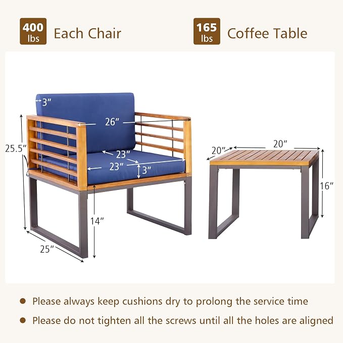 Tangkula 3 Pieces Acacia Wood Patio Bistro Set, Outdoor Conversation Set with Cushioned Armchairs and Square Coffee Table, Patio Furniture Set for Porch, Deck, Balcony
