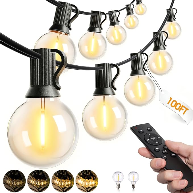 addlon 100FT Outdoor String Lights G40 LED Remote Dimmable Waterproof | Shatterproof Globe Bulbs Dimmable, Hanging Patio Lighting for Outside Backyard Garden Deck Balcony Porch Cafe Bistro Pergola