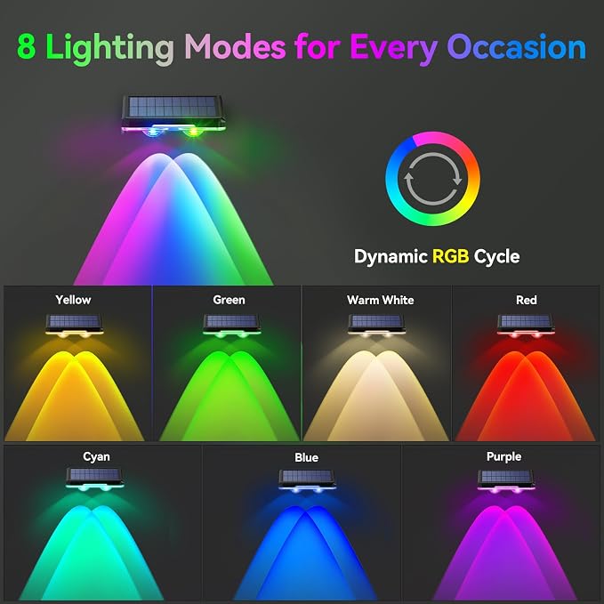 TECKNET Solar Fence Lights Outdoor Waterproof 8 Lights Modes 12 Pack (RGB) | Warm White & 6 Colors & RGB,IP66 Waterproof,No Elec. Bill,Dusk-to-Dawn Sensor for Fence/Railing/Step/Patio and Pool Areas