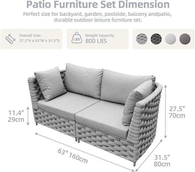 TWT 3 Piece Outdoor Patio Furniture Set, Rope Weave Conversation Sofa with Water Repellent Cushions, Patio Couch with Coffee Table for Backyard Garden Porch Poolside,Light Grey