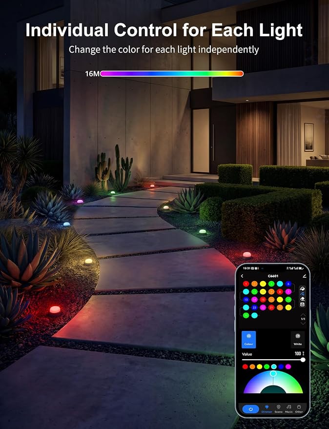 Outdoor Ground Lights 15 Pack, 32FT RGBCW Pathway Lights Wired | Color Changing Landscape Lights, 2200-6500K CCT, IP65 Waterproof, for Path Garden Lawn, Holiday/Party Decor, Alexa Compatible