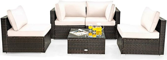 COSTWAY 5-Piece Outdoor Patio Furniture Set, PE Rattan Sofa Chairs with Cushions and Tempered Glass Coffee Table, Conversation Sofa Set for Backyard Garden (White)