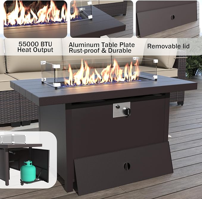 ALAULM 8 Pieces Patio Furniture Set with Aluminum Fire Pit Table Outdoor Furniture Sets 55000BTU Gas Fire Pit Brown PE Rattan Wicker Patio Conversation Sets w/6 Cushions-Sand