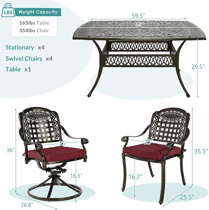 MEETWARM 9-Piece Outdoor Patio Dining Set for 8, All Weather Cast Aluminum Patio Funiture Table and Chairs Set- Large 64" Square Table and 4 Swivel Rocker Chairs, 4 Stationary for Garden, Red