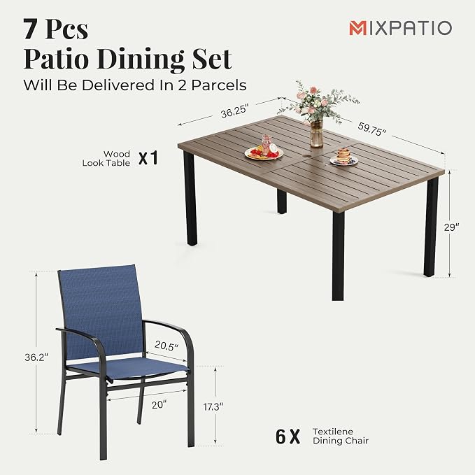 MIXPATIO Patio Table and Chairs Set, Outdoor Dining Set for 6 with Blue Chairs and Teak Color Tabletop Outdoor Dining Table, 7-Piece Patio Furniture Set for Deck Backyard Lawn