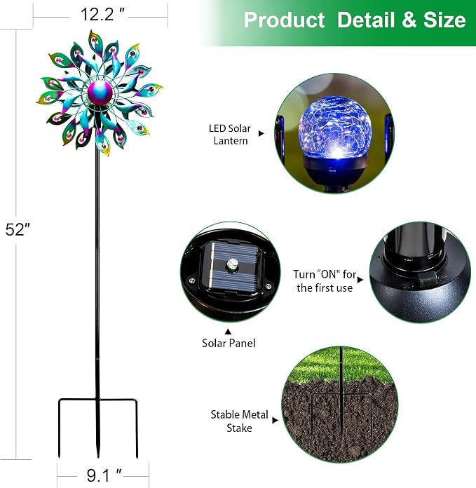 52'' Solar Wind Spinner Outdoor Metal - Kinetic Garden Wind Sculptures with Multi-Color Changing LED Glass Ball, Peacock Tail Design Yard Art Stake Decor for Patio, Lawn, Pathway Decoration