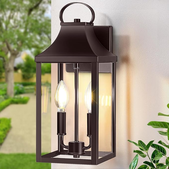 15" Outdoor Wall Lantern 2-Light, Outside Wall Sconce Light Fixture | Industrial Porch Light Wall Mount with E12 Sockets, Waterproof Modern Exterior Lamp Lighting, Brown (No Sensor)