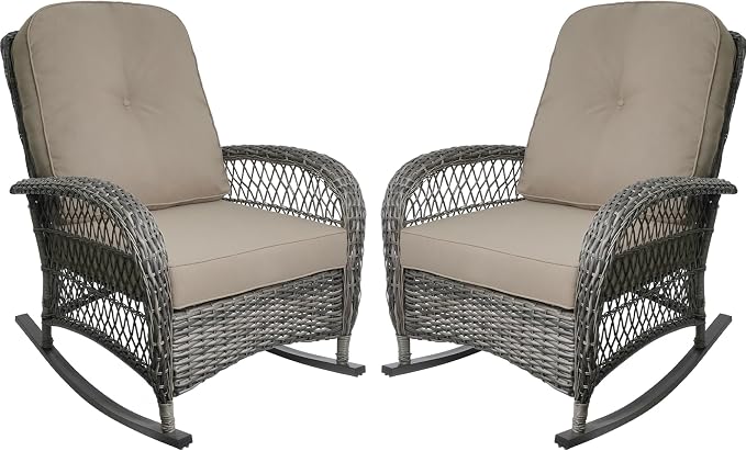 Outdoor Wicker Rocking Chair, All Weather Resin Rattan Wicker Rocking Chairs, for Garden Backyard Lown Porch,2pc,Brown