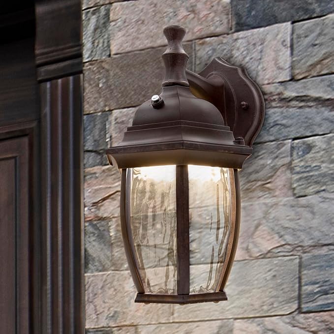Maxxima LED Brown Outdoor Wall Light, 580 Lumens 3000K, Dusk to Dawn Sensor | Clear Water Glass, Warm White, Photocell Sensor, Exterior Patio or Porch Sconce Fixture