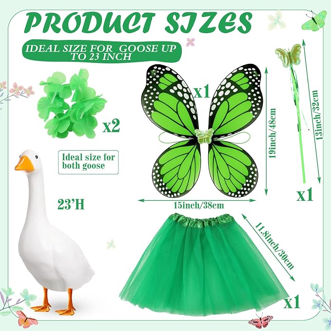 5pcs Butterfly Porch Goose Outfit Costume Tutu Skirt Butterfly Wing Wand Flower Crown for 17‘' 23‘' Cement Goose