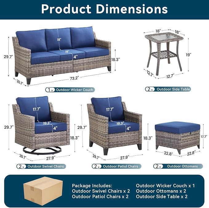 9 Piece Patio Furniture Set-All Weather Outdoor Conversation Sets Sectional Sofa with Wicker Swivel Rocker Patio Chairs, Comfy Cushions Ottomans for Porch Balcony Patio Grey/Blue