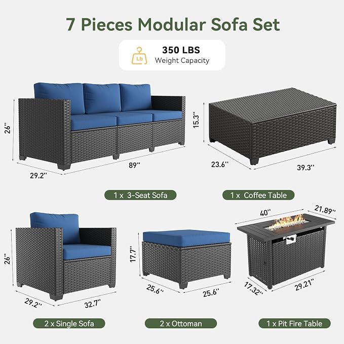 Aoxun Patio Furniture Set with Fire Pit Table, 7 Seats Piece Outdoor Furniture Set with Wicker Ottomans, Rattan Outdoor Sectional Sofa with Storage Table & Waterproof Cover Navy Blue
