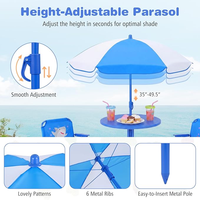 KOTEK Kids Picnic Table with Umbrella, Outdoor Table & 2 Folding Chairs, Cute Pattern Children’s Patio Furniture, Portable Kids Table and Chair Set for Backyard, Garden, Beach (Blue Ocean)