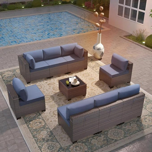 9 Pieces Outdoor Patio Furniture Sets,Wicker Conversation Set Sectional Sofa,Includes 8 All-Weather High Back PE Rattan Seating Components w/Thickened Cushions&Coffee Table,Navy