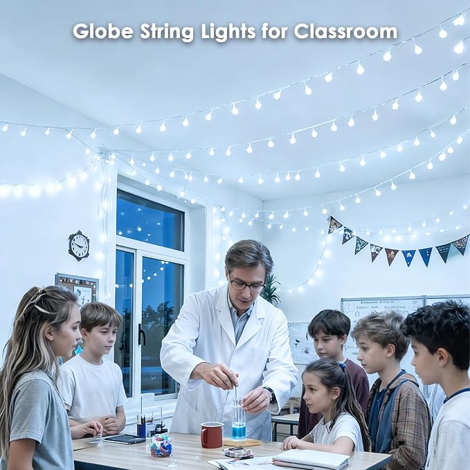 Connectable 43FT Globe String Lights Indoor, 100LED Classroom Lights | White Fairy Lights Plug in, Remote Control, 8 Modes, Hanging Light for Bedroom Outdoor Party Classroom Christmas Decor