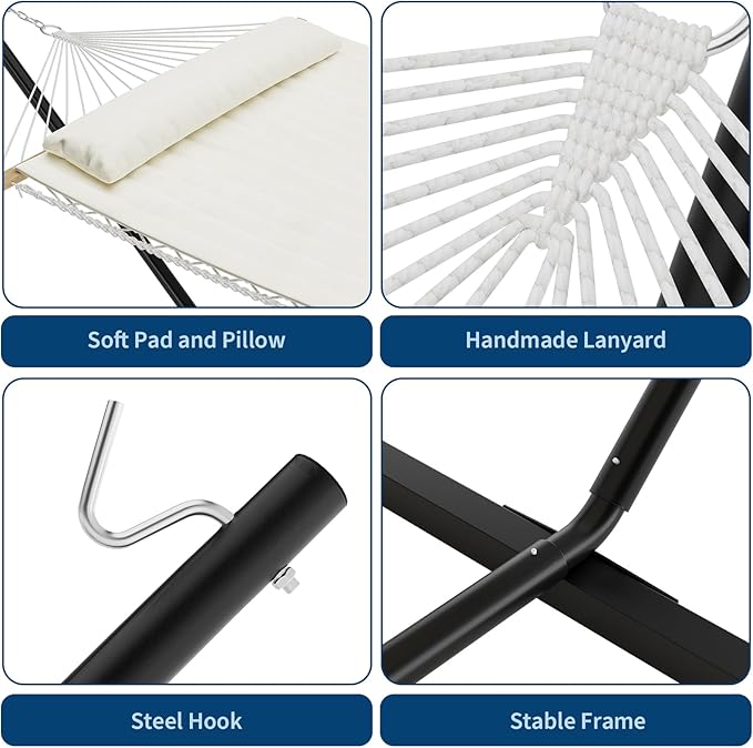 2-Person Quilted Hammock with Stand, Heavy Duty Steel Frame Hammock with Pillow, 450 LB Capacity, for Patio, Backyard, Garden, Multiple Colors