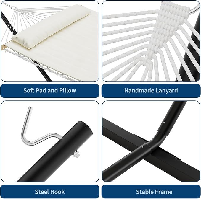 Double Hammock with Stand, Portable 2 Person Quilted Outdoor Hammock, Heavys Duty Steel Frame, 450lb Capacity, Storage Carrying Bag, Indoor Outdoor Patio Use - Beige
