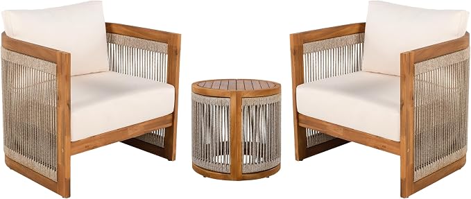 Christopher Knight Home Malphite 3 Pieces Conversation Set, Acacia Wood Chat Set, Round Coffee Table and Woven Rope Accent Chairs, Slat Design Patio Furniture Set for Backyard Garden, Beige + Teak